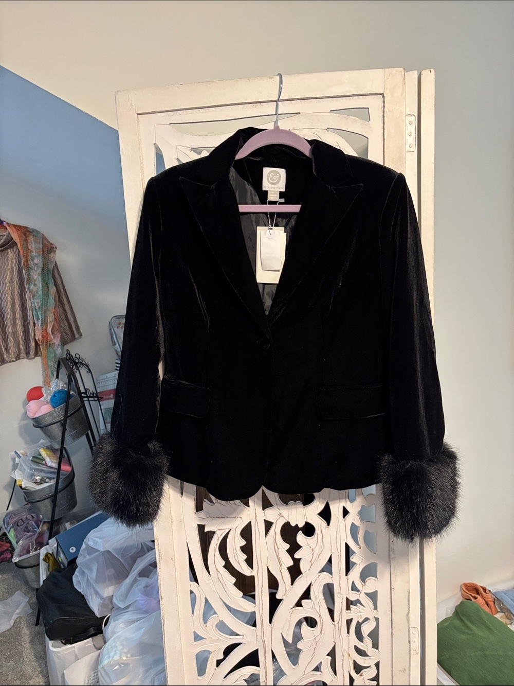 Velvet Blazer with Faux Fur Cuffs - Black